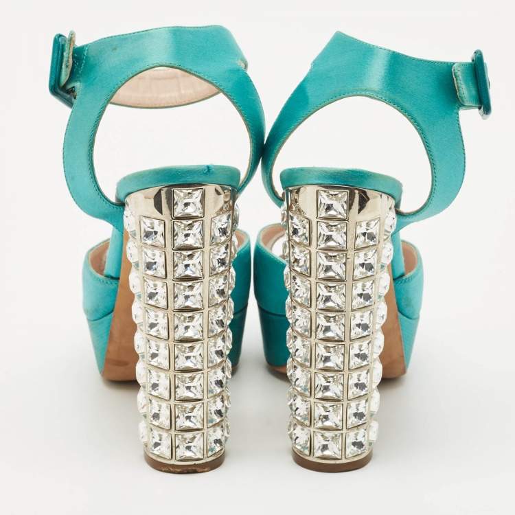 Pre Owned Miu Miu Green Satin Crystal Embellished Heel Ankle Strap Sandals Size 37