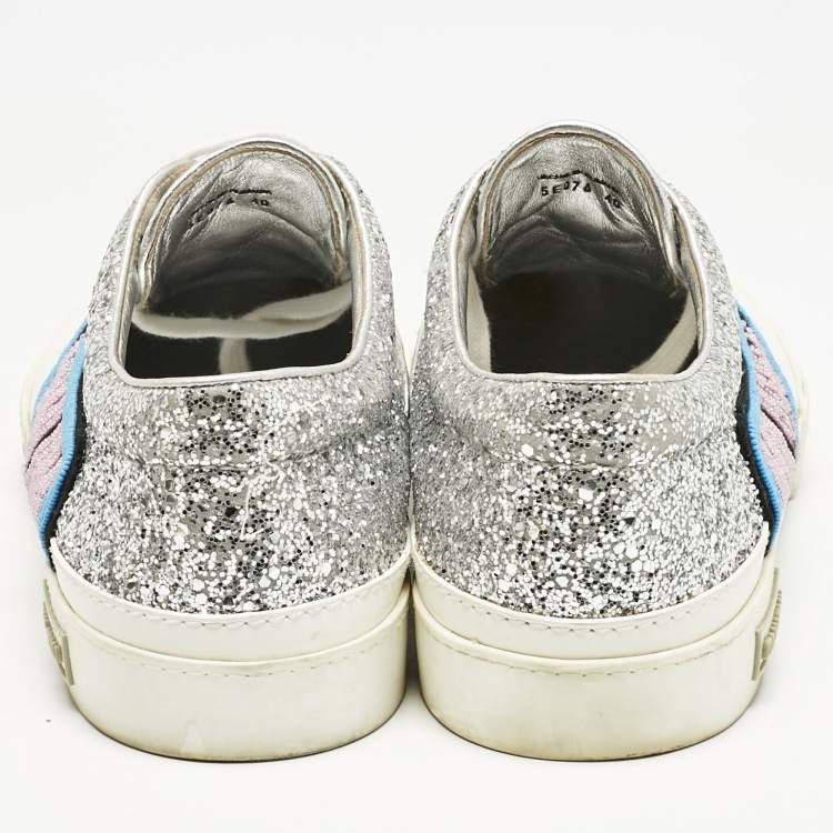 Pre Owned Miu Miu Silver/White Leather and Glitter Patch Slip on Sneakers Size 40