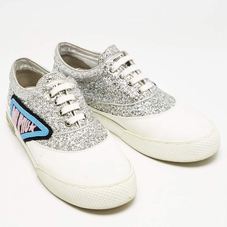 Pre Owned Miu Miu Silver/White Leather and Glitter Patch Slip on Sneakers Size 40