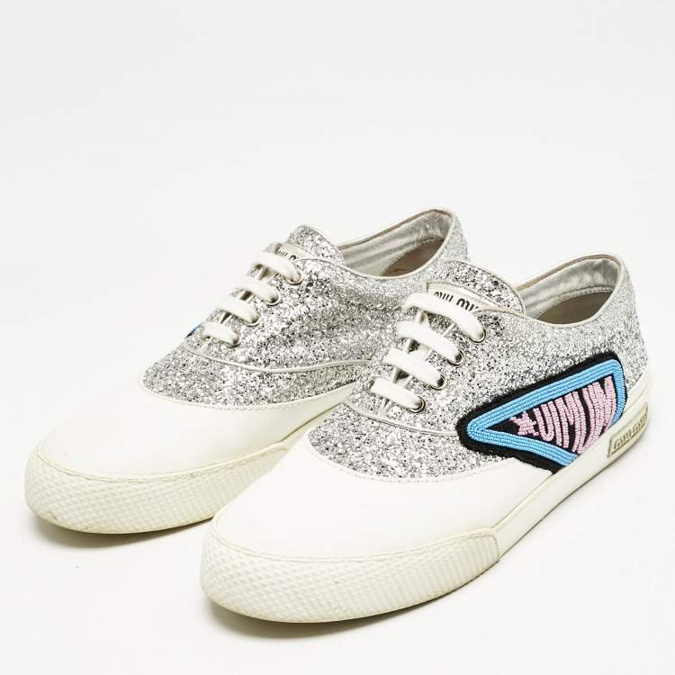 Pre Owned Miu Miu Silver/White Leather and Glitter Patch Slip on Sneakers Size 40