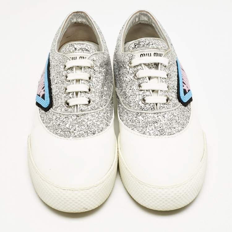 Pre Owned Miu Miu Silver/White Leather and Glitter Patch Slip on Sneakers Size 40