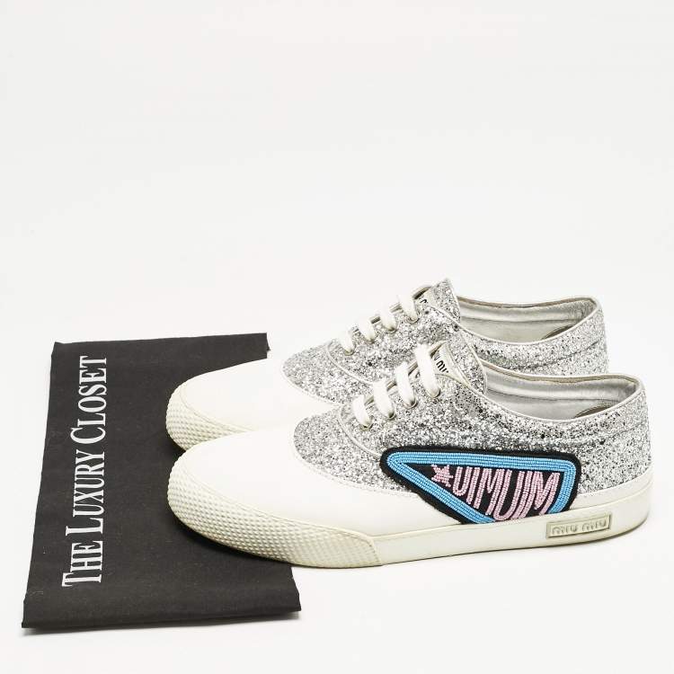 Pre Owned Miu Miu Silver/White Leather and Glitter Patch Slip on Sneakers Size 40