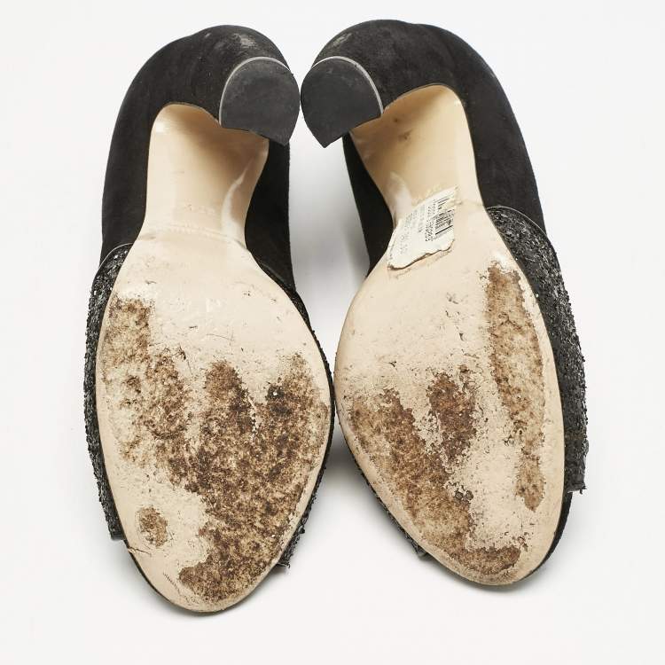 Pre Owned Miu Miu Black Glitter and Suede Curved Peep Toe Pumps Size 37.5