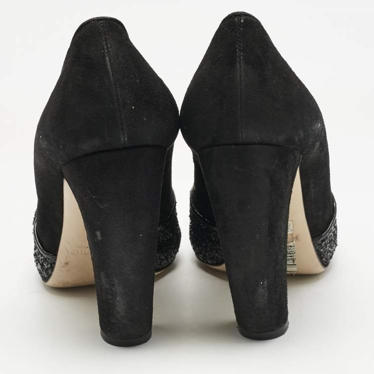 Pre Owned Miu Miu Black Glitter and Suede Curved Peep Toe Pumps Size 37.5