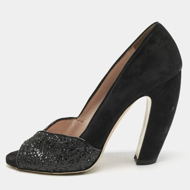 Pre Owned Miu Miu Black Glitter and Suede Curved Peep Toe Pumps Size 37.5