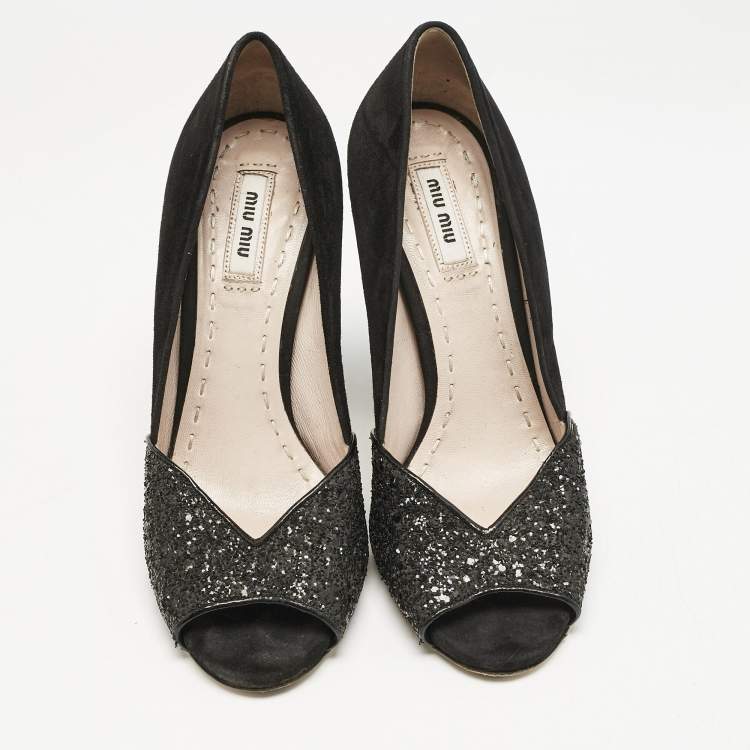 Pre Owned Miu Miu Black Glitter and Suede Curved Peep Toe Pumps Size 37.5