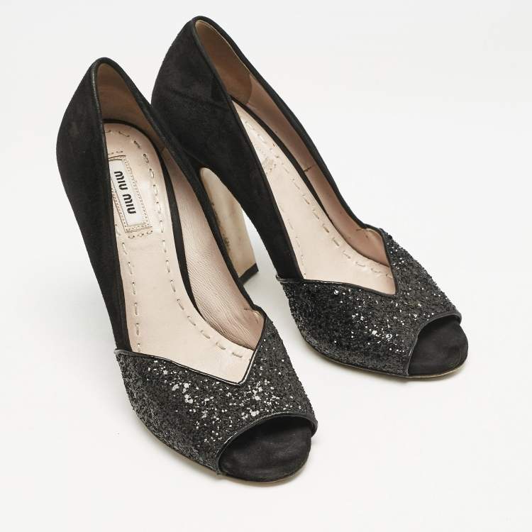 Pre Owned Miu Miu Black Glitter and Suede Curved Peep Toe Pumps Size 37.5