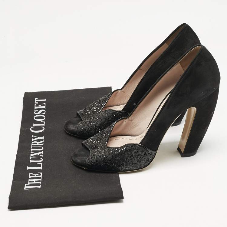 Pre Owned Miu Miu Black Glitter and Suede Curved Peep Toe Pumps Size 37.5