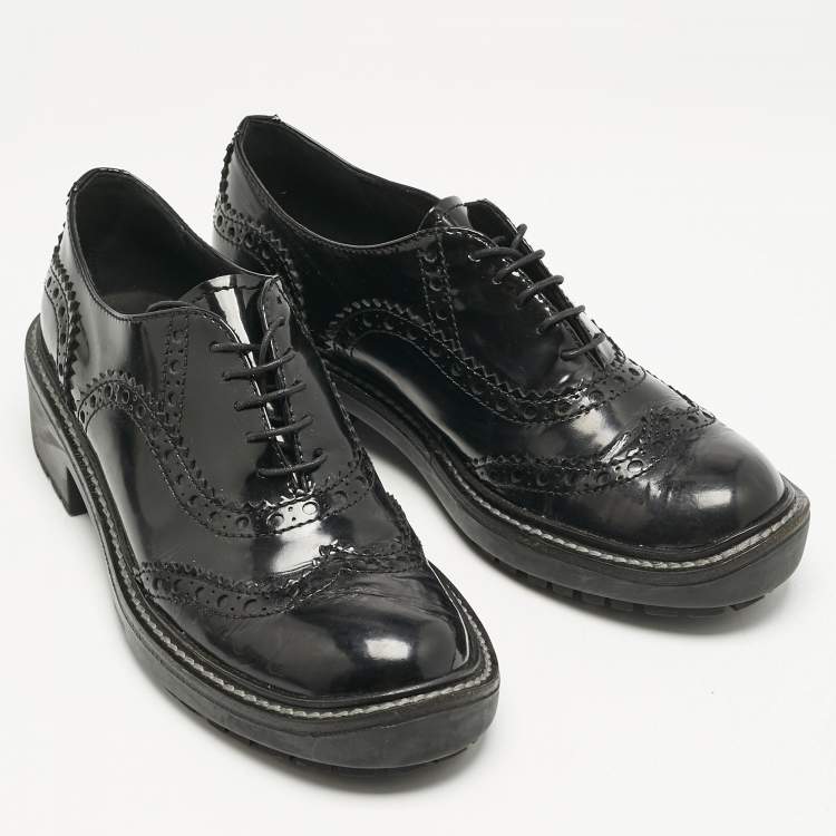 Pre Owned Miu Miu Black Patent Brogue Leather Oxfords Size 38.5