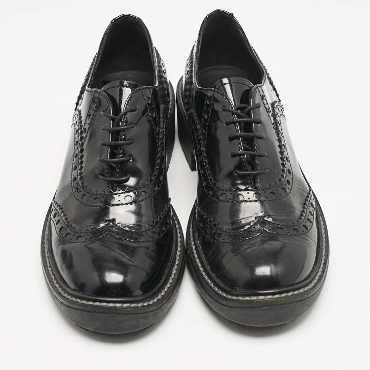 Pre Owned Miu Miu Black Patent Brogue Leather Oxfords Size 38.5