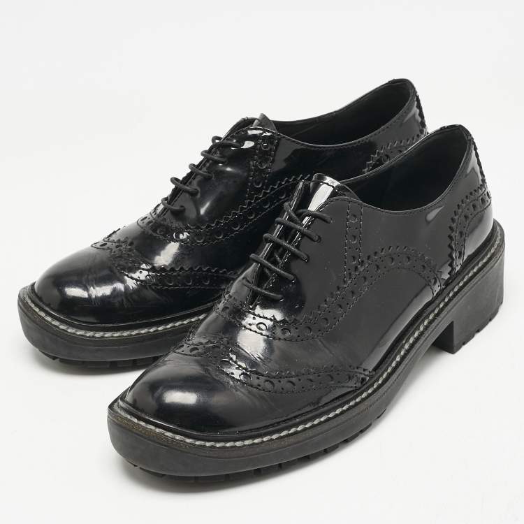 Pre Owned Miu Miu Black Patent Brogue Leather Oxfords Size 38.5