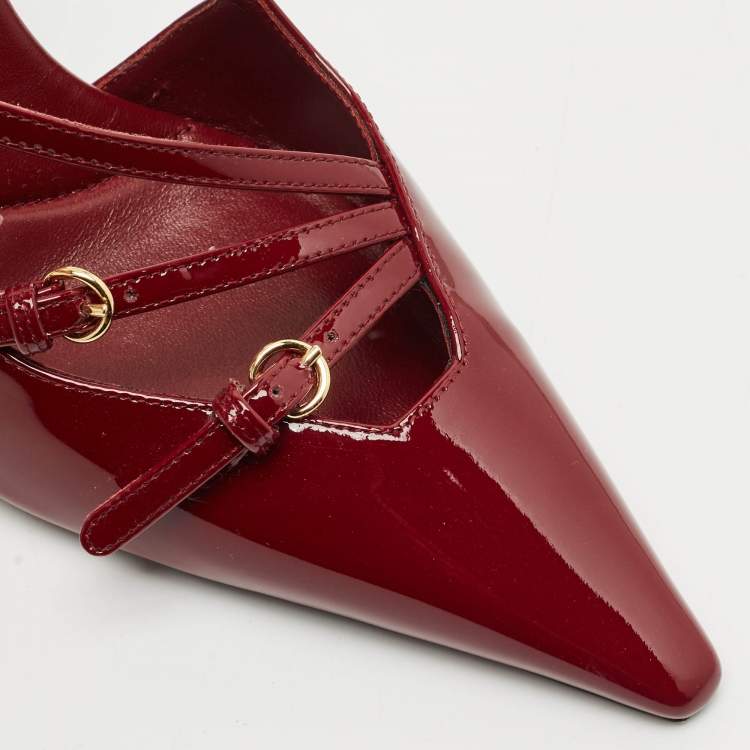 Pre Owned Miu Miu Burgundy Patent Leather Pointed Toe Buckle Slingback Pumps Size 37.5