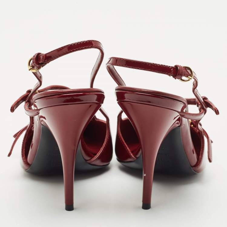 Pre Owned Miu Miu Burgundy Patent Leather Pointed Toe Buckle Slingback Pumps Size 37.5