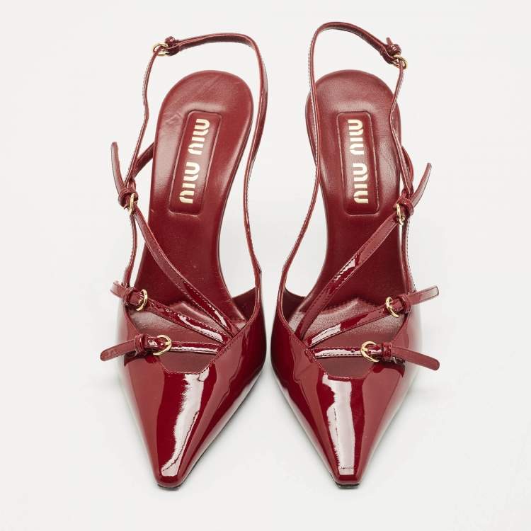 Pre Owned Miu Miu Burgundy Patent Leather Pointed Toe Buckle Slingback Pumps Size 37.5