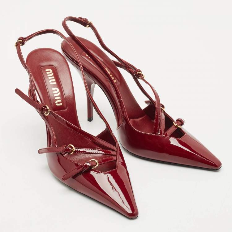Pre Owned Miu Miu Burgundy Patent Leather Pointed Toe Buckle Slingback Pumps Size 37.5