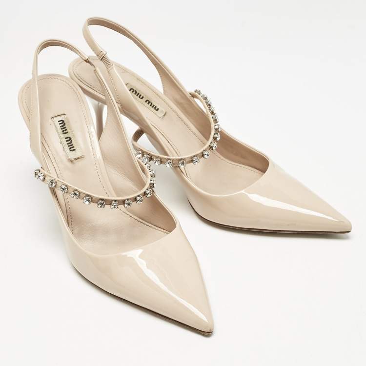 Pre Owned Miu Miu Beige Patent Leather Crystal Embellished Slingback Pump Size 40