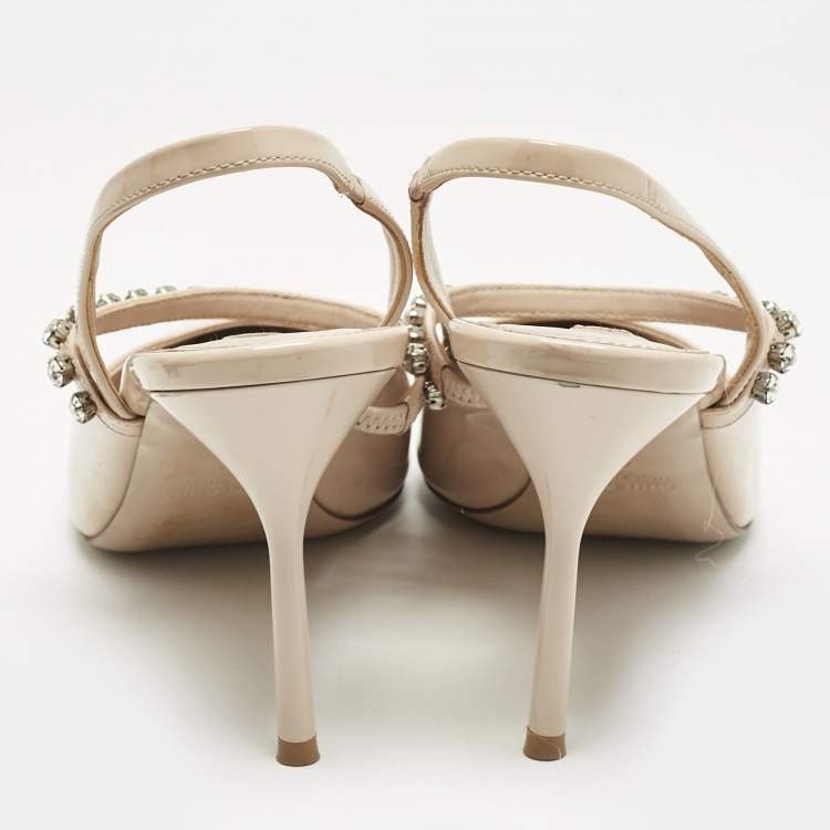 Pre Owned Miu Miu Beige Patent Leather Crystal Embellished Slingback Pump Size 40