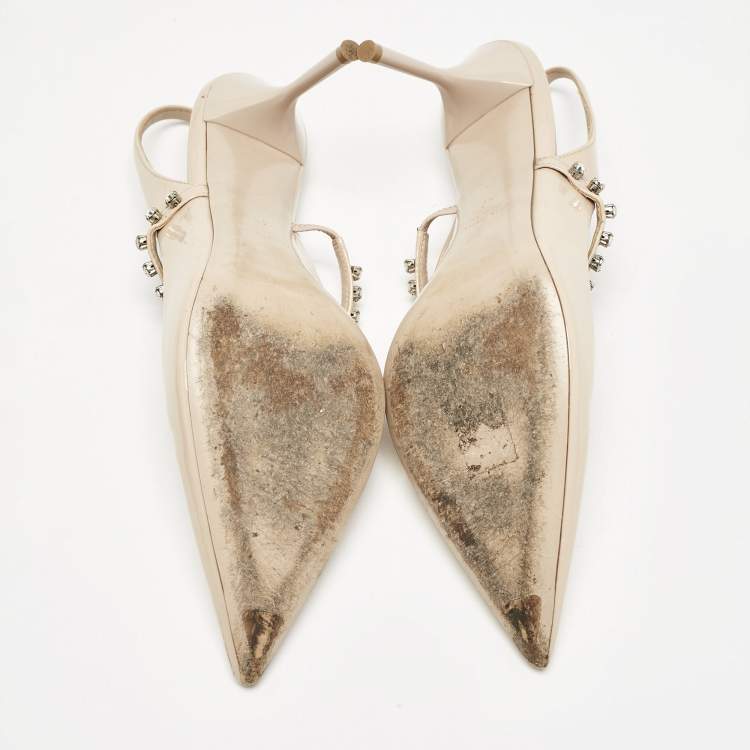 Pre Owned Miu Miu Beige Patent Leather Crystal Embellished Slingback Pump Size 40