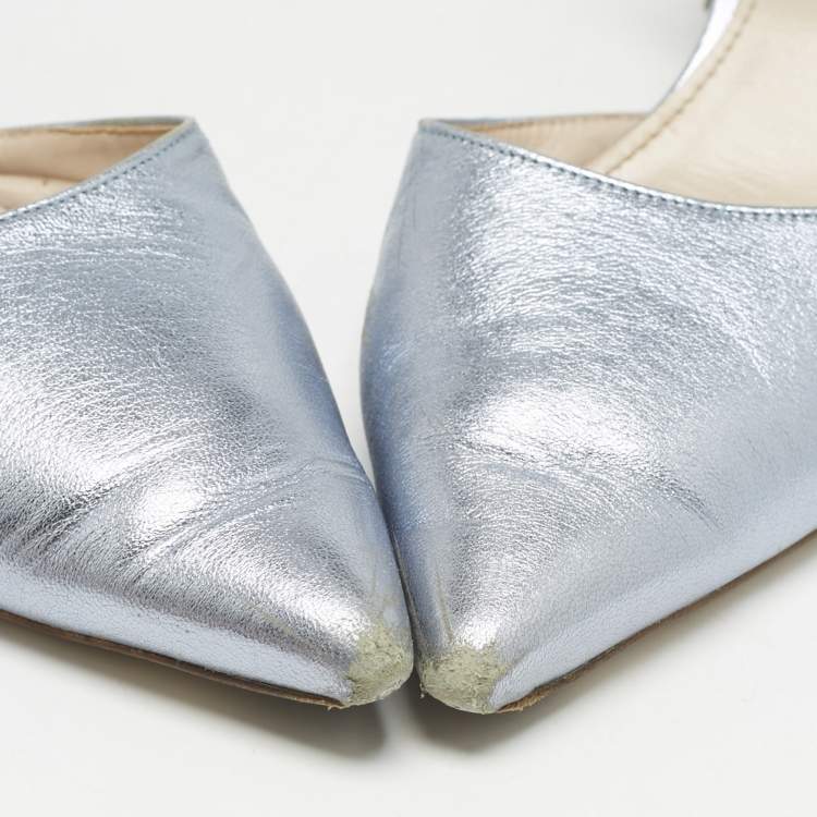 مملوكة مسبقًا Miu Miu Metallic Blue Leather and Glitter Crystal Embellished Block Heel Pumps Size 38