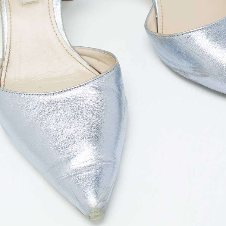 مملوكة مسبقًا Miu Miu Metallic Blue Leather and Glitter Crystal Embellished Block Heel Pumps Size 38