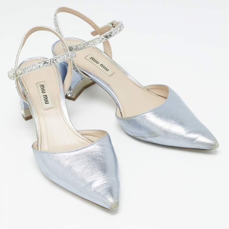 مملوكة مسبقًا Miu Miu Metallic Blue Leather and Glitter Crystal Embellished Block Heel Pumps Size 38