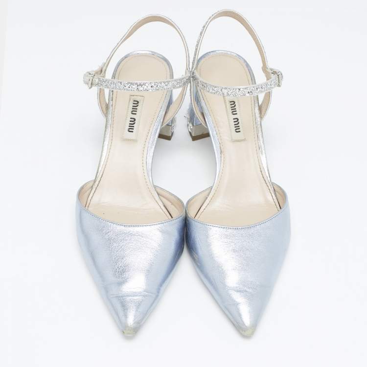 مملوكة مسبقًا Miu Miu Metallic Blue Leather and Glitter Crystal Embellished Block Heel Pumps Size 38
