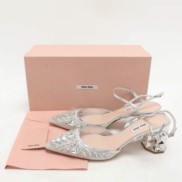Pre Owned Miu Miu Silver/Grey Leather And Satin Crystal Embellished Block Heel Sandals Size 41