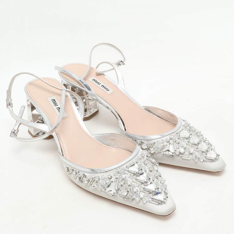 Pre Owned Miu Miu Silver/Grey Leather And Satin Crystal Embellished Block Heel Sandals Size 41