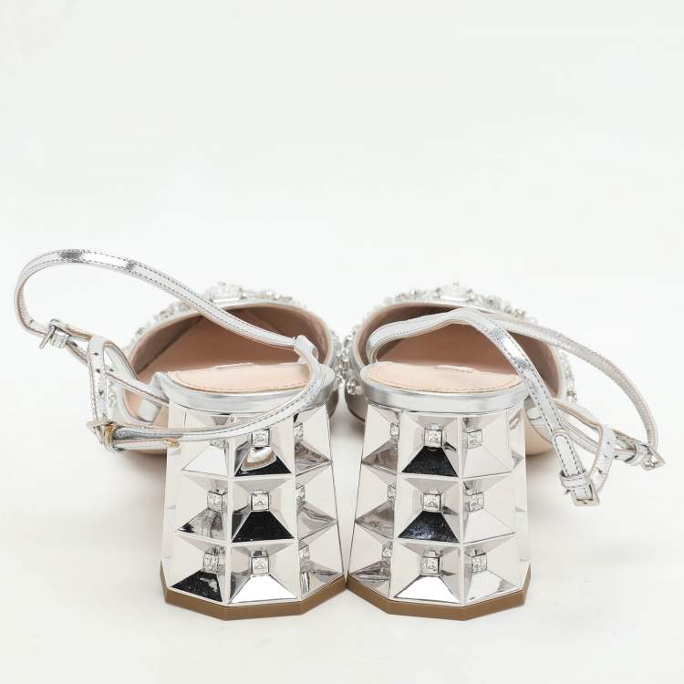 Pre Owned Miu Miu Silver/Grey Leather And Satin Crystal Embellished Block Heel Sandals Size 41