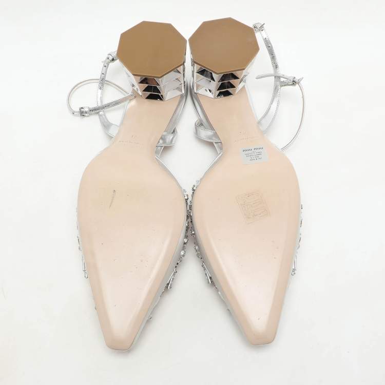 Pre Owned Miu Miu Silver/Grey Leather And Satin Crystal Embellished Block Heel Sandals Size 41