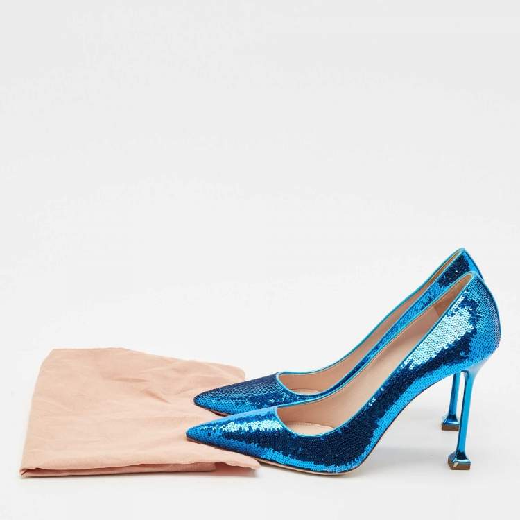 Pre Owned Miu Miu Blue Sequin Embellished Pointed Toe Pumps Size 37.5