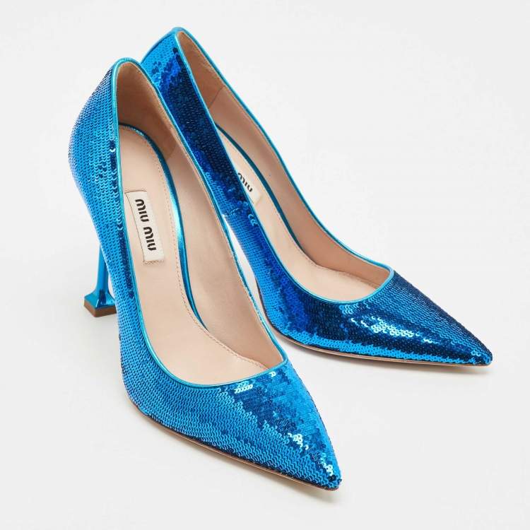 Pre Owned Miu Miu Blue Sequin Embellished Pointed Toe Pumps Size 37.5