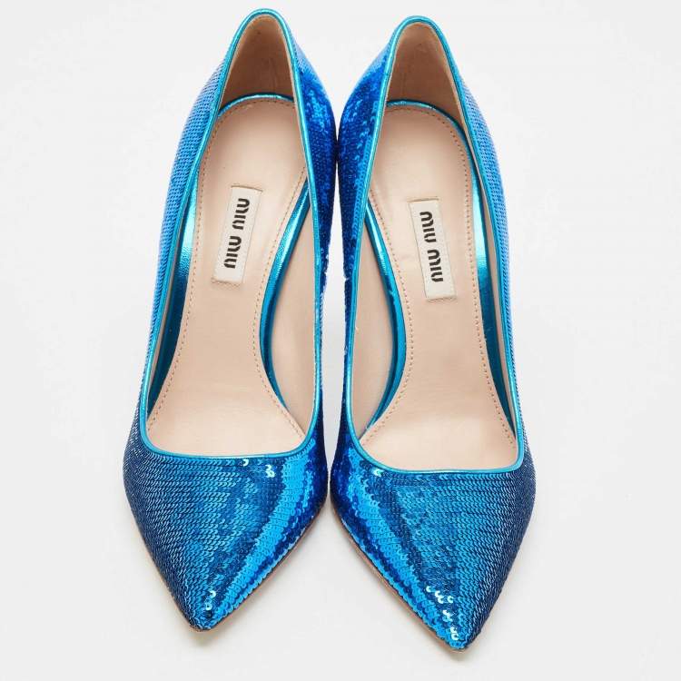 Pre Owned Miu Miu Blue Sequin Embellished Pointed Toe Pumps Size 37.5
