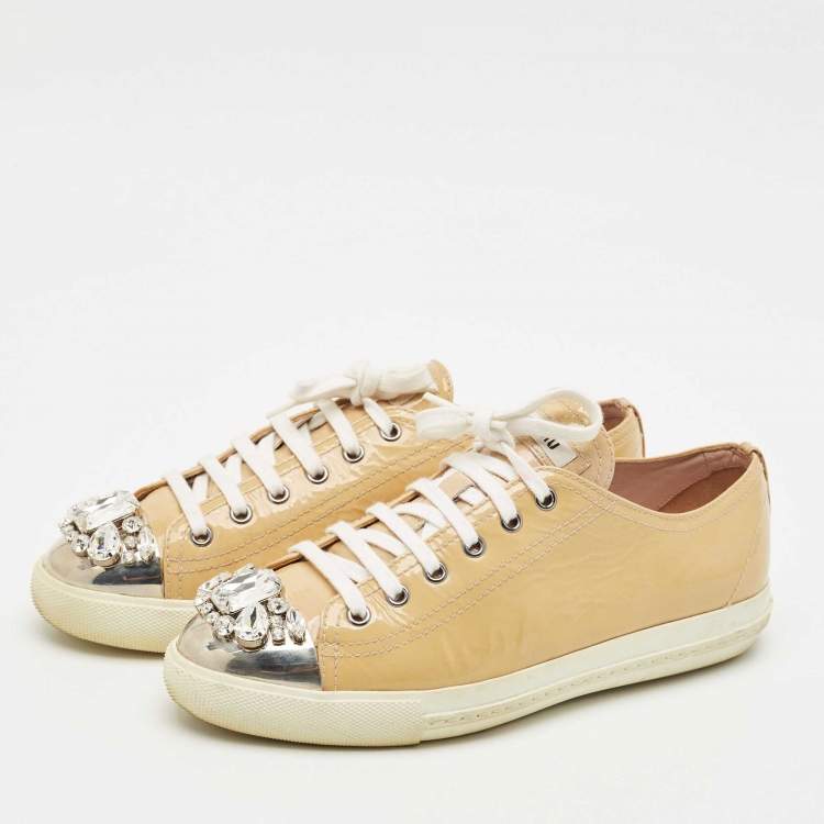 Pre Owned Miu Miu Beige Patent Leather Crystal Embellished Cap Toe Sneakers Size 39.5