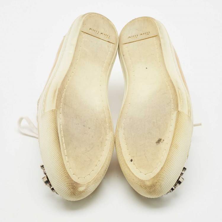 Pre Owned Miu Miu Beige Patent Leather Crystal Embellished Cap Toe Sneakers Size 39.5
