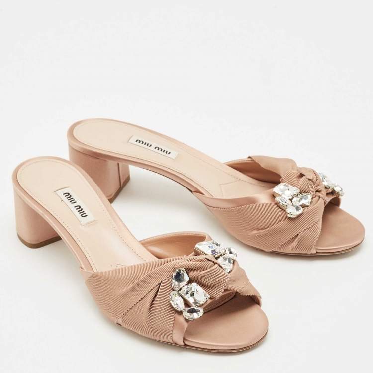 Pre Owned Miu Miu Beige Satin Crystals Knot Slide Sandals Size 39.5