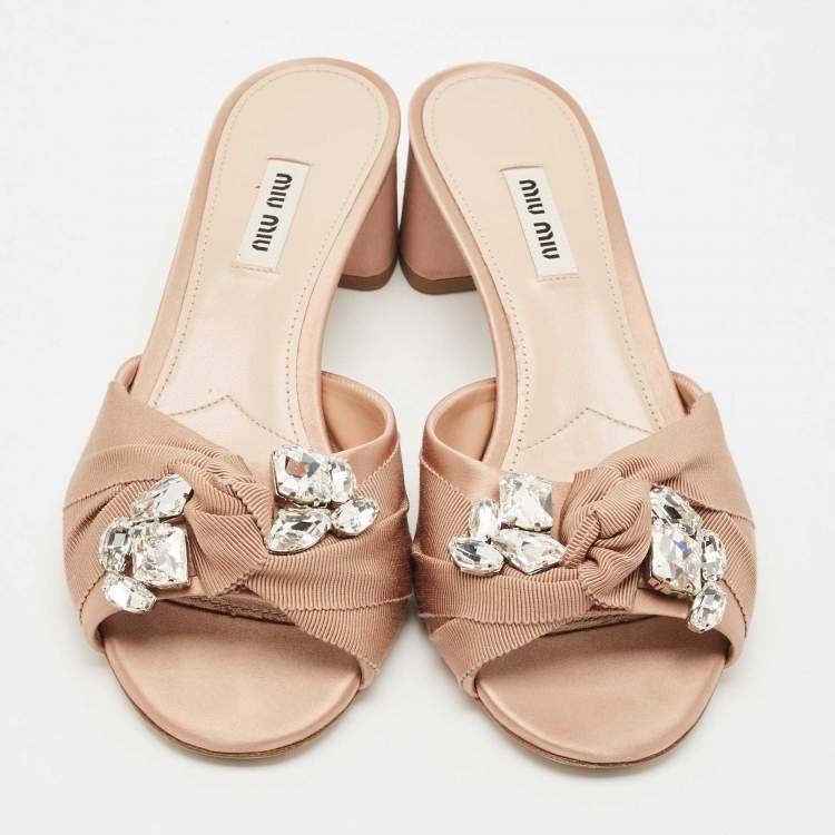Pre Owned Miu Miu Beige Satin Crystals Knot Slide Sandals Size 39.5