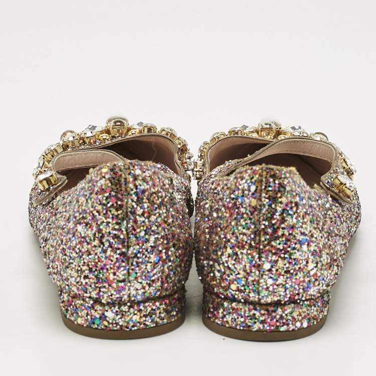 Pre Owned Miu Miu Multicolor Glitter Mary Jane Crystals Ballet Flats Size 37.5