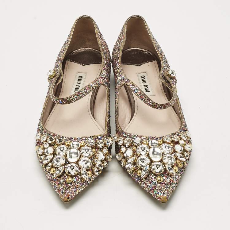 Pre Owned Miu Miu Multicolor Glitter Mary Jane Crystals Ballet Flats Size 37.5