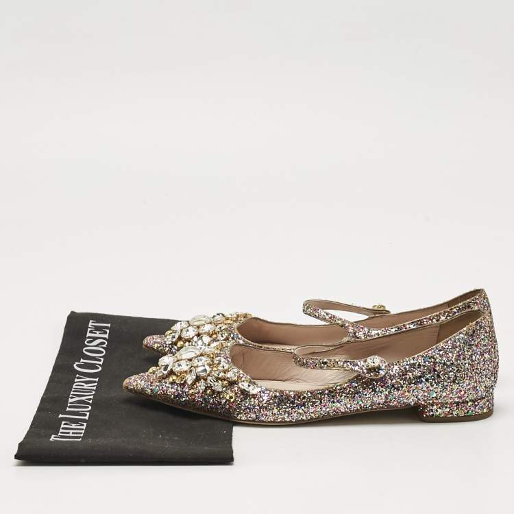 Pre Owned Miu Miu Multicolor Glitter Mary Jane Crystals Ballet Flats Size 37.5