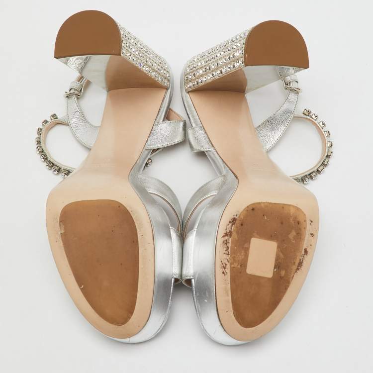 Pre Owned Miu Miu Silver Leather Crystal Embellished Ankle Strap Platform Sandals Size 40