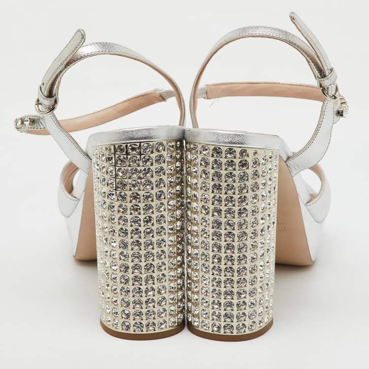 Pre Owned Miu Miu Silver Leather Crystal Embellished Ankle Strap Platform Sandals Size 40