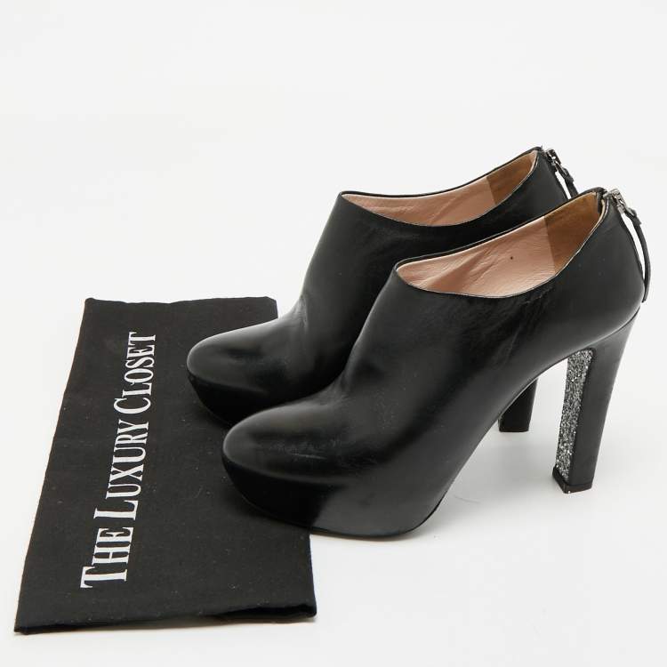 Pre Owned Miu Miu Black Leather  Glitter heels Booties Size 38