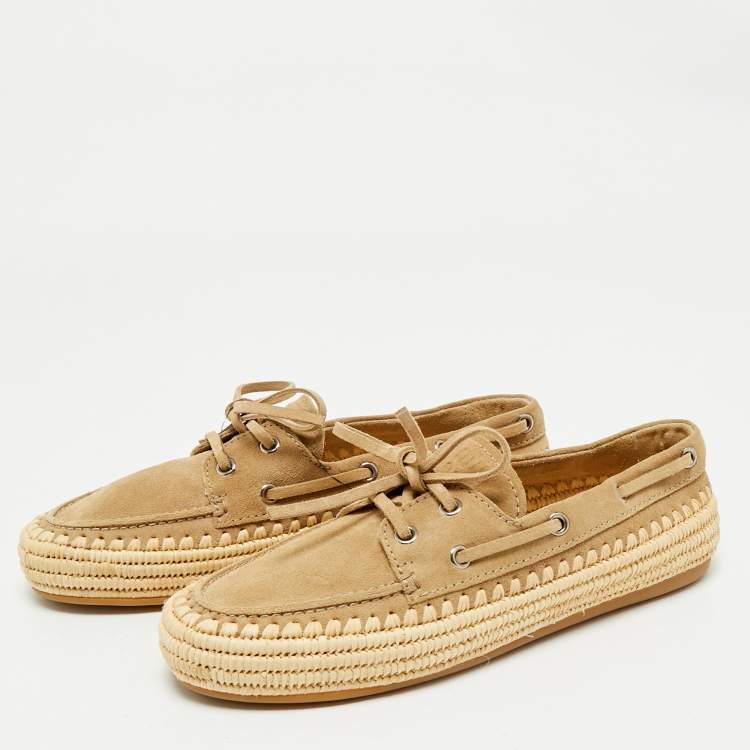Pre Owned Miu Miu Beige/Green Suede and Raffia Boat Loafers Size 37
