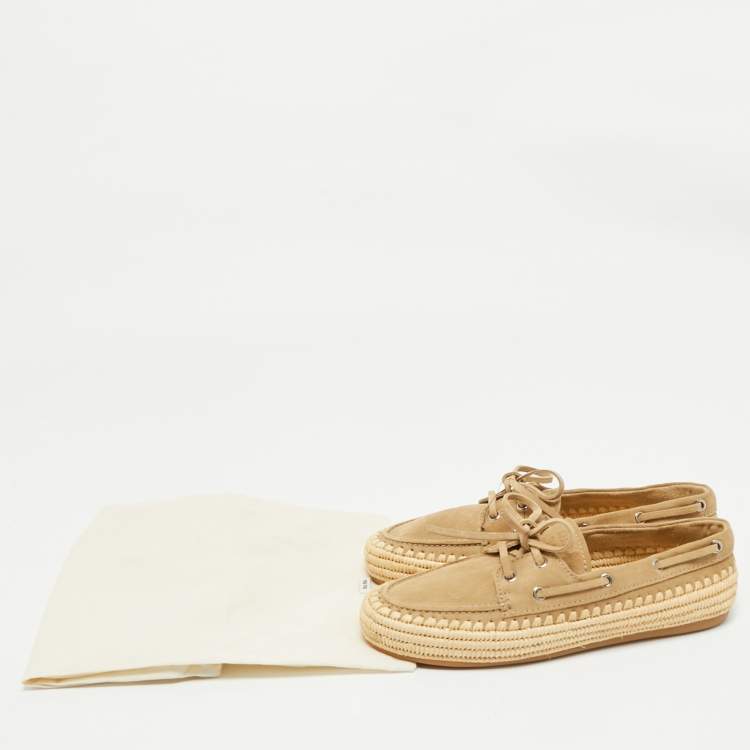 Pre Owned Miu Miu Beige/Green Suede and Raffia Boat Loafers Size 37