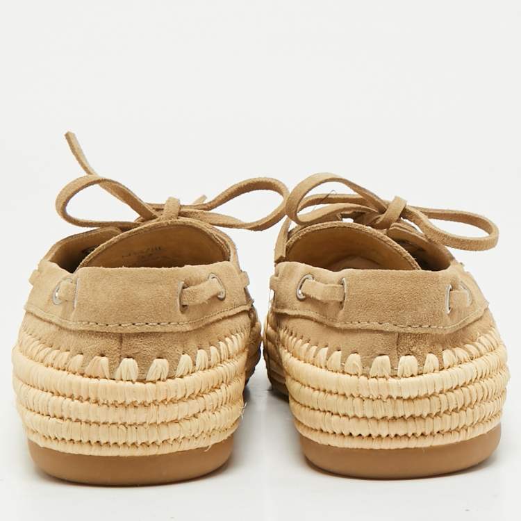 Pre Owned Miu Miu Beige/Green Suede and Raffia Boat Loafers Size 37