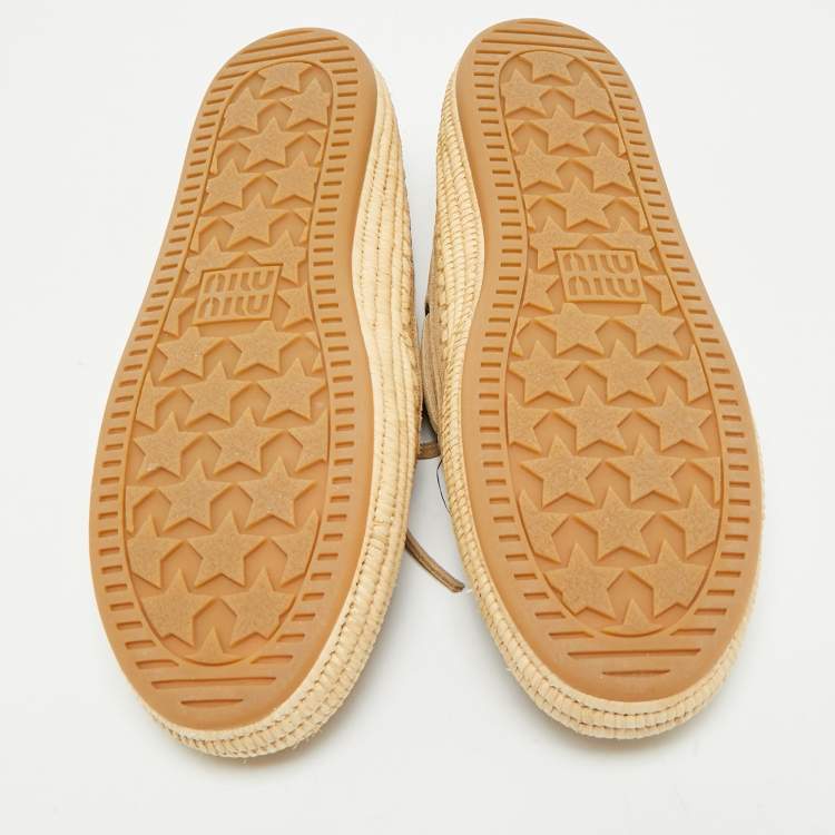 Pre Owned Miu Miu Beige/Green Suede and Raffia Boat Loafers Size 37
