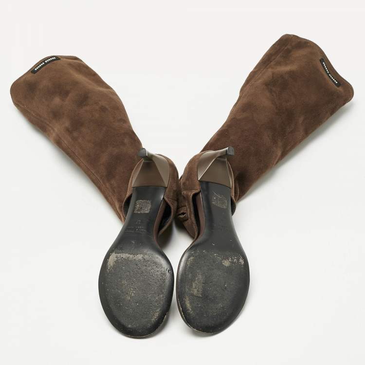 Pre Owned Miu Miu Brown Suede Thong Cut Out  Knee Length Boots Size 37