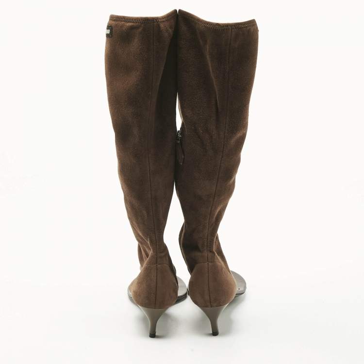 Pre Owned Miu Miu Brown Suede Thong Cut Out  Knee Length Boots Size 37