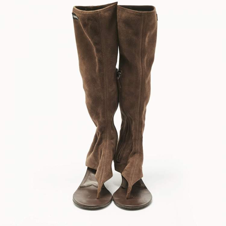 Pre Owned Miu Miu Brown Suede Thong Cut Out  Knee Length Boots Size 37